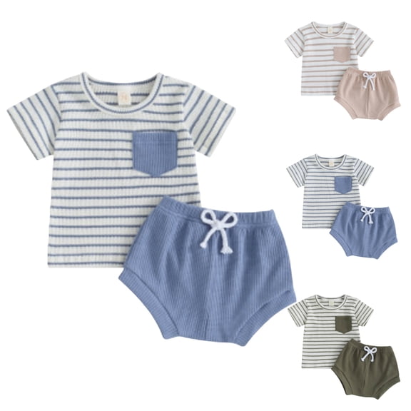 Pandaie Toddler Baby Boy Summer Outfits Short Sleeve T Shirt Shorts Set Newborn Infant 2 Piece Clothing Set for Little Kid 0-18 Months Blue