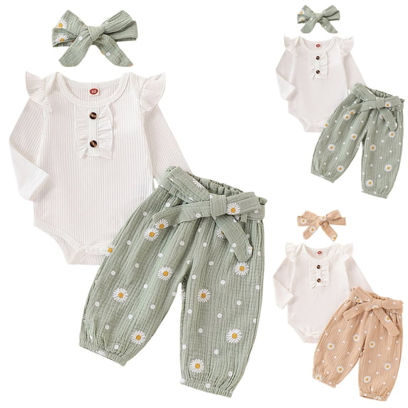 Pandaie Toddler Baby Girl Clothes Ruffle Long Sleeve Romper Flower Pants with Headband Infant Linen Summer Outfit 18-24 Months Khaki
