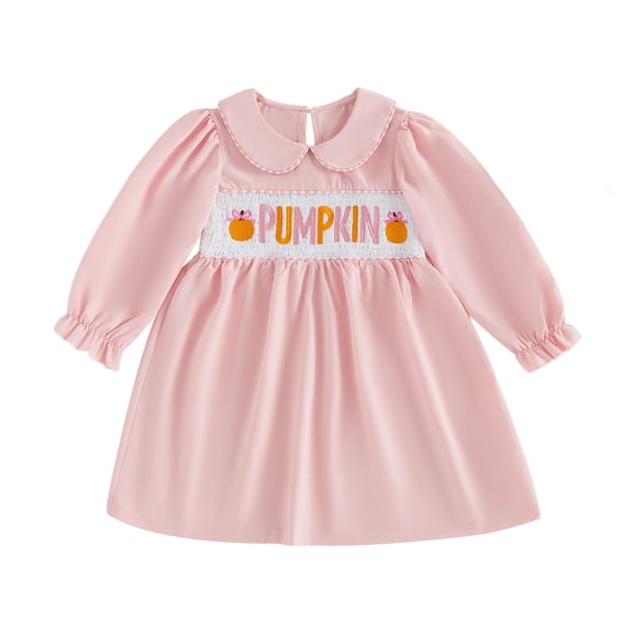 Pandaie Toddler Baby Girl Halloween Outfit Lapel Collar Embroidery Boo Pumpkin Fall Winter Dress Princess Smocked A-Line Dresses 1-6 Years