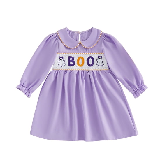 Pandaie Toddler Baby Girl Halloween Outfit Lapel Collar Embroidery Boo Pumpkin Fall Winter Dress Princess Smocked A-Line Dresses 1-6 Years
