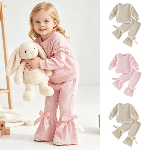 Pandaie Toddler Baby Girl Waffle Clothes Ruffled Sleeve Pullover and Bow Flare Pants Sweatsuit Fall 2 Piece Outfits Beige,12-18 Months