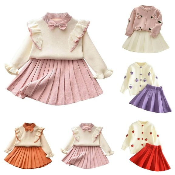 Pandaie Toddler Baby Girls Fall Outfits Long Sleeve Knitted Sweater Tops Pleated Mini Skirt Set Autumn Winter Clothes Set Pink 2-3 Years