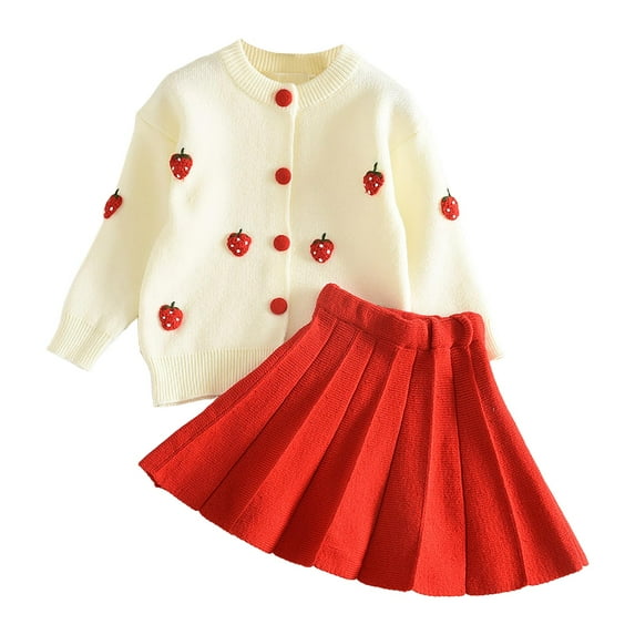 Pandaie Toddler Baby Girls Fall Outfits Long Sleeve Knitted Sweater Tops Pleated Mini Skirt Set Autumn Winter Clothes Set Red 1-2 Years