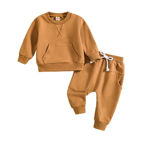 Pandaie Toddler Boy Girl Clothes Infant Long Sleeve Sweatsuit Tops Pants Set Baby Fall Winter Clothing Outfits with Pocket Brown 3-4T
