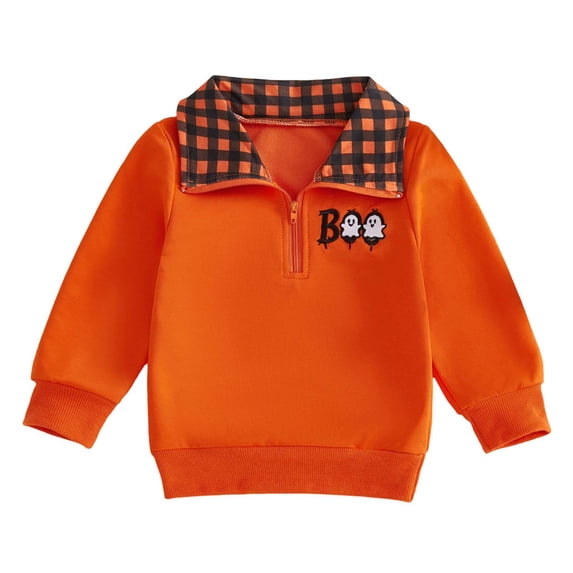 Pandaie Toddler Boy Girl Halloween Outfit Quarter Zip Sweatshirt Pumpkin Embroidery Plaid Lapel Collar Shirt Pullover Tops 6 12 18 Months 2T 3T 4T