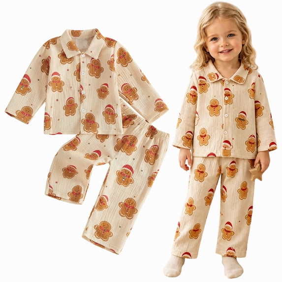 Pandaie Toddler Boys Girls Christmas Pajama Set Gingerbread Print Loungewear Lapel Button Home Sleepwear Khaki,12-18 Months