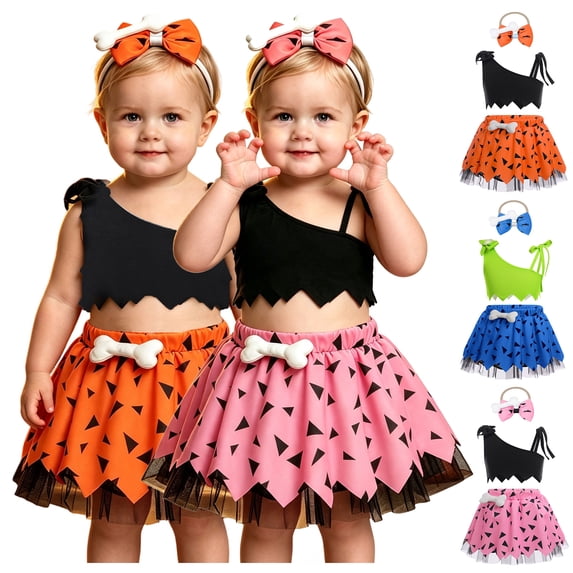 Pandaie Toddler Cave Girl Costume Set One Shoulder Crop Top Mesh Skirt Bone Headband for Halloween Party Cosplay Blue,18-24 Months
