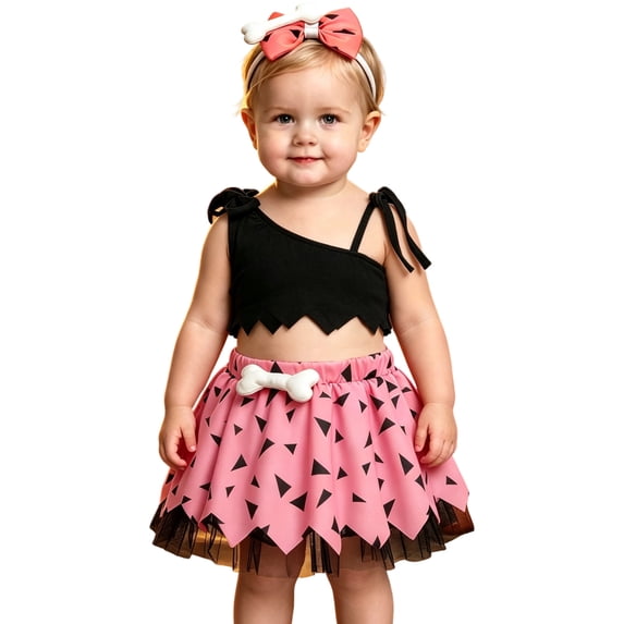 Pandaie Toddler Cave Girl Costume Set One Shoulder Crop Top Mesh Skirt Bone Headband for Halloween Party Cosplay Pink,18-24 Months