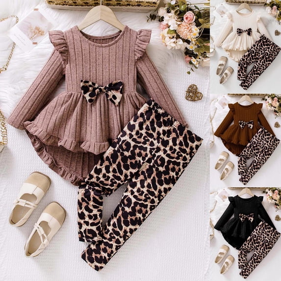 Pandaie Toddler Girl Clothes Ruffle Crew Neck Long Sleeve Tops and Leopard Print Pants Fall Winter Sets Kids Clothing Outfits Beige,4 Years