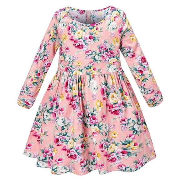 Pandaie Toddler Girl Long Sleeve Dresses Crew Neck A Line Fall Winter Clothes Flower Printed Knee Length Princess Outfits Pink 4-5T