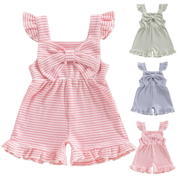 Pandaie Toddler Girl Outfit Baby Sleeveless Summer Romper Cute Bow Ribbed Knitted Jumpsuit Shorts Overalls Clothes 12M-4Y Light Blue