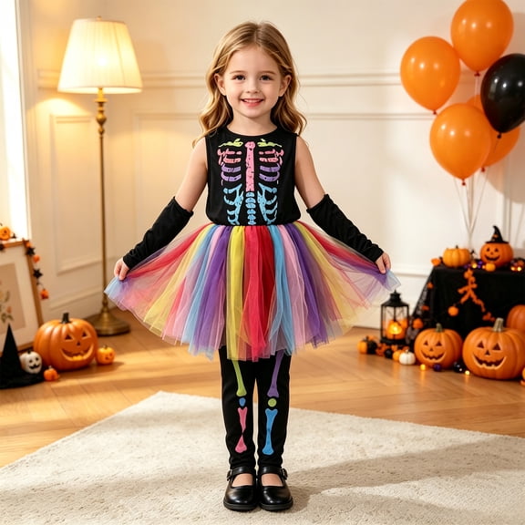 Pandaie Toddler Girl Rainbow Skeleton Sleeveless Tulle Tutu Dress and Pants with Arm Sleeve Three Piece Costume Black,6-7 Years