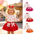 thumbnail image 1 of Pandaie Toddler Girls Heart Print Two Piece Outfit Ruffle Long Sleeve Top Tiered Skirt Bow Headband Birthday Party Holiday Photo Shoots Hot Pink,6-12 Months, 1 of 7