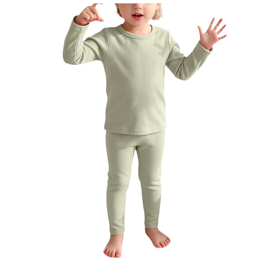 Pandaie Toddler Kids Solid Thermal Underwear Set Long Sleeve Base Layer Top Elastic Skinny Leggings Warm Loungewear Sleepwear Green,11-12 Years