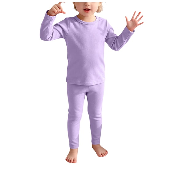 Pandaie Toddler Kids Solid Thermal Underwear Set Long Sleeve Base Layer Top Elastic Skinny Leggings Warm Loungewear Sleepwear Light Purple,11-12 Years