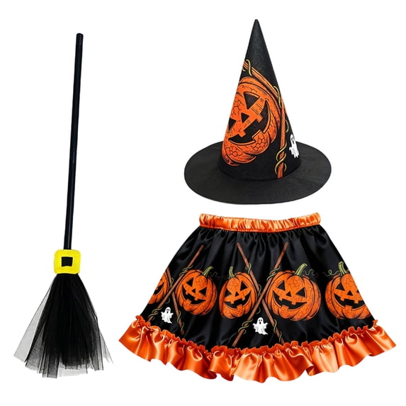 Pandaie Toddler Witch Outfit Set Girls Pumpkin Print Halloween Party Clothes Accessorie Including Witch Tutu Skirts Hat and Brooms for 5-11 Kids