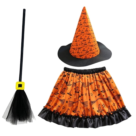 Pandaie Toddler Witch Outfit Set Girls Pumpkin Print Halloween Party Clothes Accessorie Including Witch Tutu Skirts Hat and Brooms for 5-11 Kids