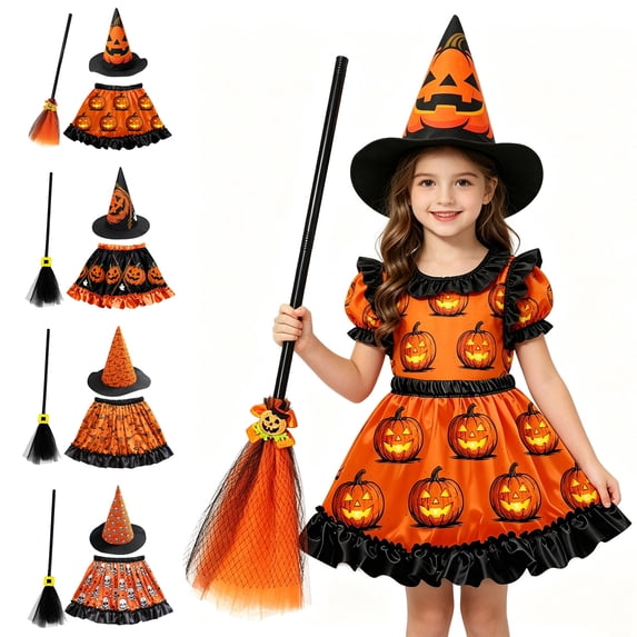 Pandaie Toddler Witch Outfit Set Girls Pumpkin Print Halloween Party Clothes Accessorie Including Witch Tutu Skirts Hat and Brooms for 5-11 Kids