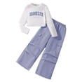thumbnail image 1 of Pandaie Tween Girls 2 Piece Streetwear Outfit Letter Print Side Drawstring Crop Long Sleeve Top Wide Leg Pocket Cargo Pants Casual Tracksuit Light Purple,10-11 Years, 1 of 8