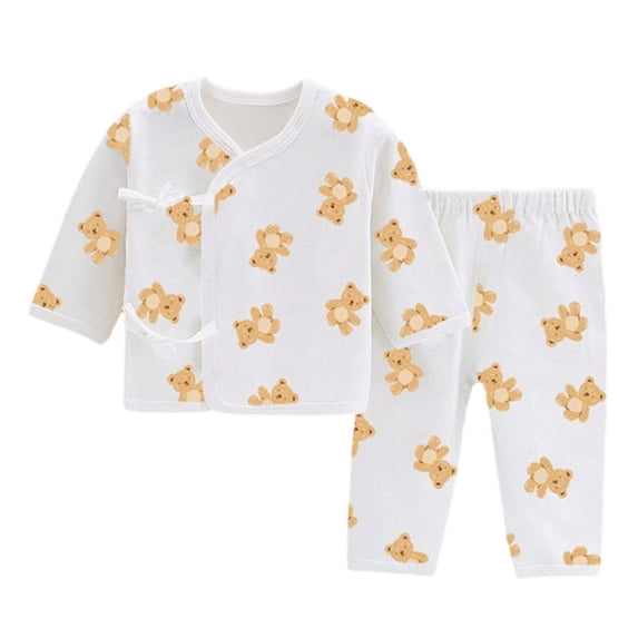 Pandaie Unisex Baby Pajama Set Kimono Wrap Side Tie Long Sleeve Top Outfits Multi Graphics Print Base Loungewear Brown,6-9 Months