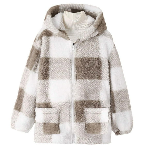 Pandaie Unisex Boys Girls Fleece Jacket Plaid Hoodie Sherpa Lined Hooded Sweatshirt Kids Zip up Winter Coat Outwear Khaki 13-14 Years