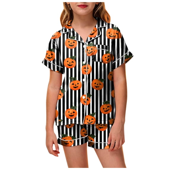 Pandaie Unisex Kids Silky Sleepwear Lapel Short Sleeve Top Elastic Shorts Featuring Holiday Cartoon Patterns Light Smooth Fabric Night Outfit at Home Orange,10-11 Years