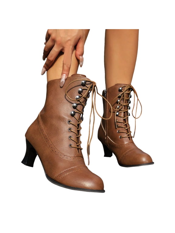 Victorian Boots for Women Retro Mid Calf Granny Boot Renaissance Ankle Boots Low Chunky Heel Lace up Booties with Side Zipper for Medieval Costume 70s Brown 8.5