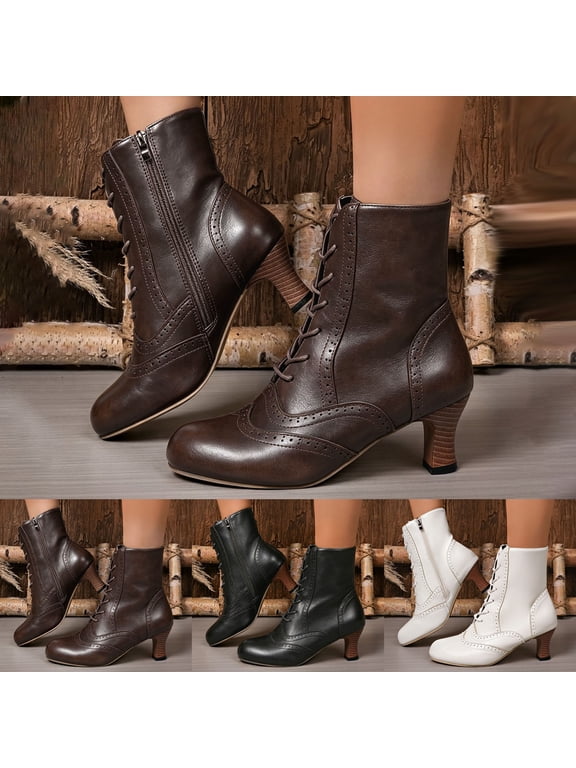 Victorian Boots for Women Retro Lace Up Granny Ankle Booties Low Kitten Heel Fall Winter Cosplay Halloween Boot Size 6-9.5
