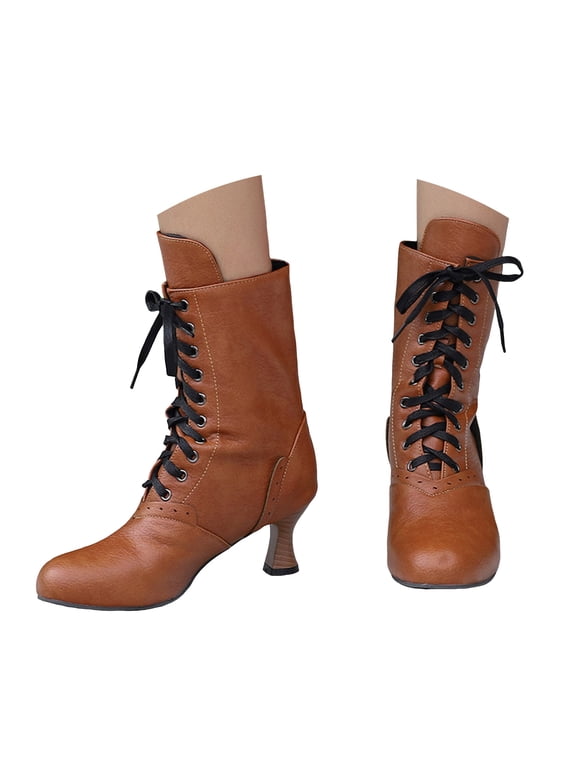 Victorian Boots for Women Retro Lace Up Granny Ankle Boots Low Heel Fall Winter Cosplay Halloween Booties with Zipper Size 5.5-10.5