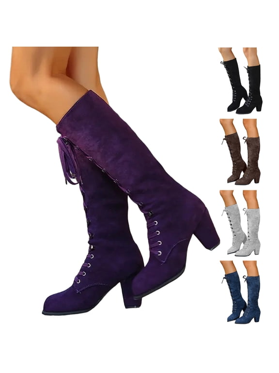 Victorian Boots for Women Vintage Lace up Knee High Combat Booties Chunky Heel Witch Granny Punk Goth Dress Shoes Black 6.5