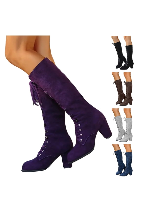 Victorian Boots for Women Vintage Lace up Knee High Combat Booties Chunky Heel Witch Granny Punk Goth Dress Shoes Black 6.5