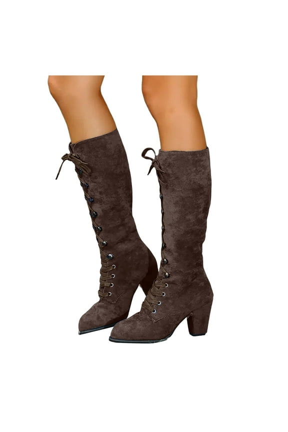 Victorian Boots for Women Vintage Lace up Knee High Combat Booties Chunky Heel Witch Granny Punk Goth Dress Shoes Brown 7.5