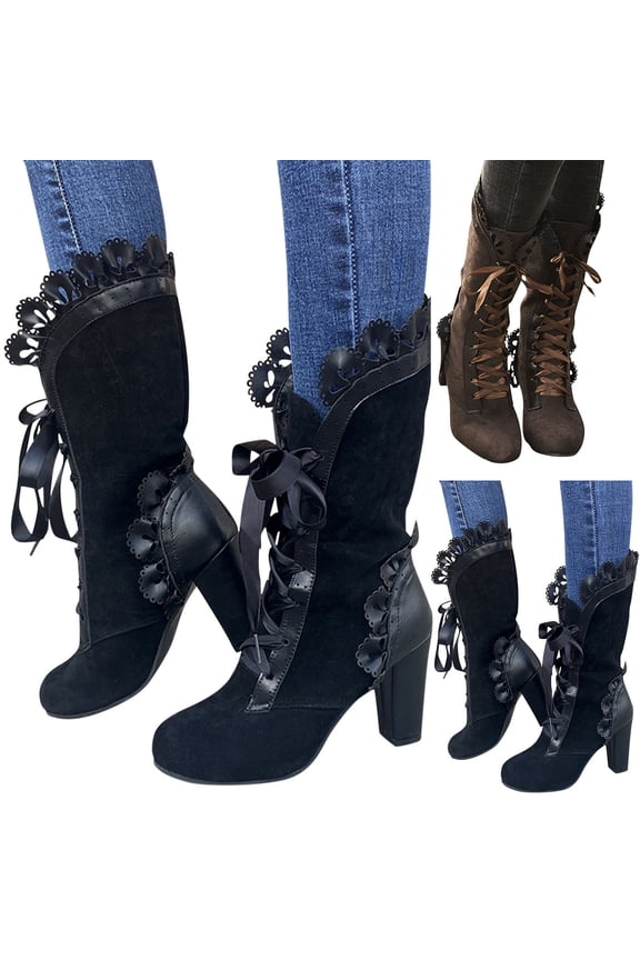 Victorian Boots for Women Vintage Ruffles Lace up Mid Calf Western Booties Mid Heels Retro Goth Punk Witch Dress Shoes Black 6