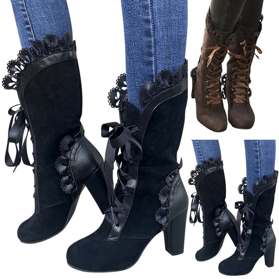 Pandaie Victorian Boots for Women Vintage Ruffles Lace up Mid Calf Western Booties Mid Heels Retro Goth Punk Witch Dress Shoes Black 8.5
