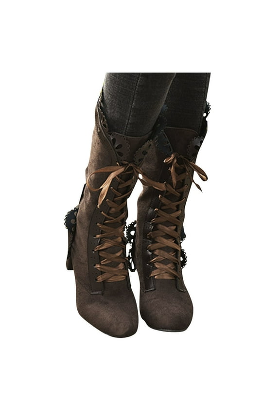 Victorian Boots for Women Vintage Ruffles Lace up Mid Calf Western Booties Mid Heels Retro Goth Punk Witch Dress Shoes Brown 7