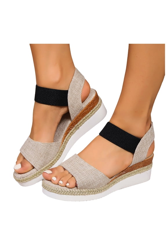 Wedge Sandals Espadrille Womens Platform Canvas Band Summer Shoes Comfortable Casual Walking Shoes with Ankle Strap Beige,8.5