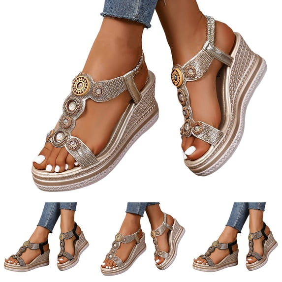Pandaie Women Platform Sandals Bohemia Wedge Summer Beach Shoes Arch Support Rhinestone Slip on Espadrille Sandal with Ankle Strap Size 6-10 Black