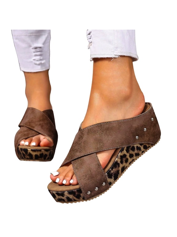 Wedge Sandals for Women Leopard Cork Casual Dressy Summer Shoes Criss Cross Straps Platform Slip on Walking Slides Size 6-10 Brown