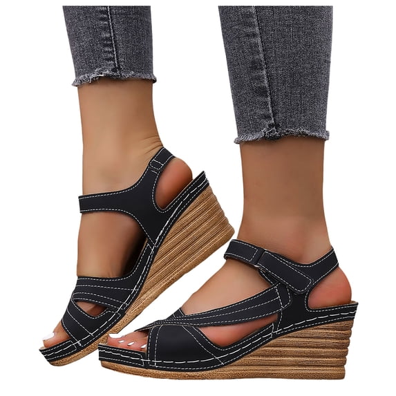 Pandaie Wedge Sandals for Women Strappy Open Toe Platform Slip on Walking Shoes Arch Support Ankle Strap Summer Beach Casual Sandal Black Size 7