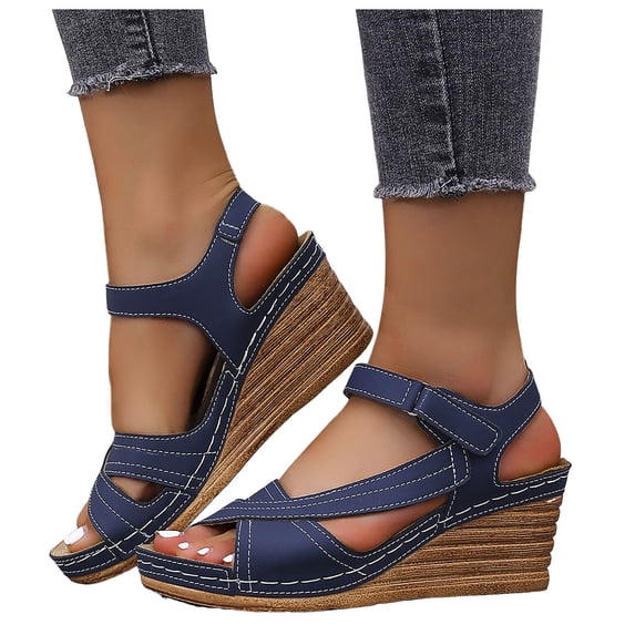 Pandaie Wedge Sandals for Women Strappy Open Toe Platform Slip on Walking Shoes Arch Support Ankle Strap Summer Beach Casual Sandal Navy Size 8.5