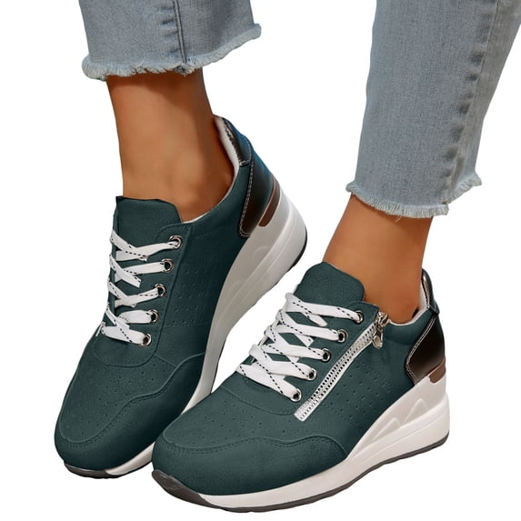 Pandaie Wedge Sneakers for Women Fashion Non Slip Platform Tennis Shoes High Heel Suede Lace up Sneaker Dressy Casual Chunky Wedges Walking Shoe Dark Green 8.5