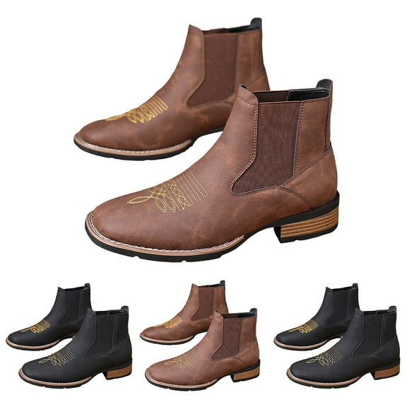 Pandaie Western Cowboy Boots for Men Square Toe Chelsea Ankle Work Boots Retro Comfort Fall Booties Slip on Casual Dress Shoes Black 7