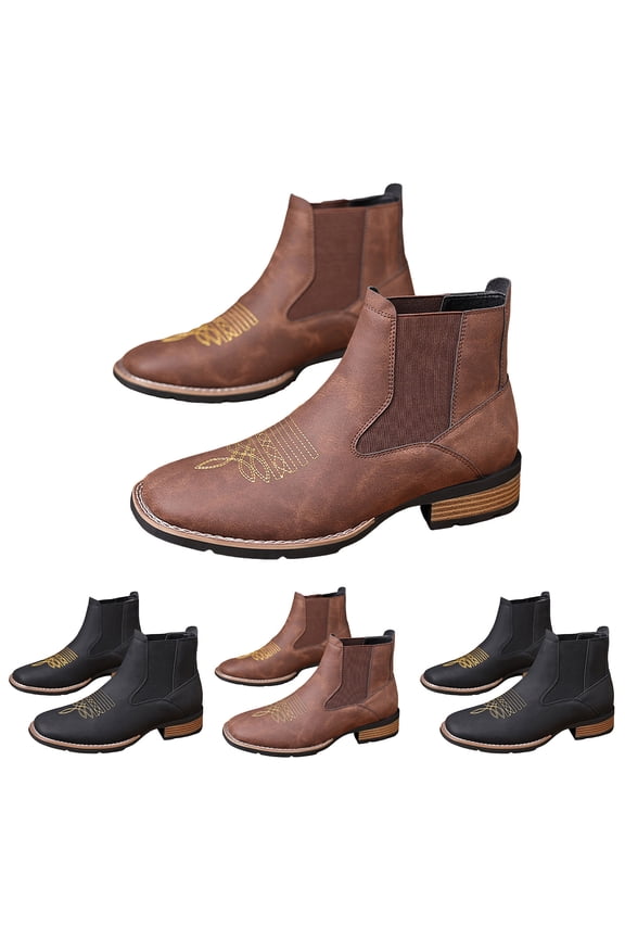 Western Cowboy Boots for Men Square Toe Chelsea Ankle Work Boots Retro Comfort Fall Booties Slip on Casual Dress Shoes Black 9