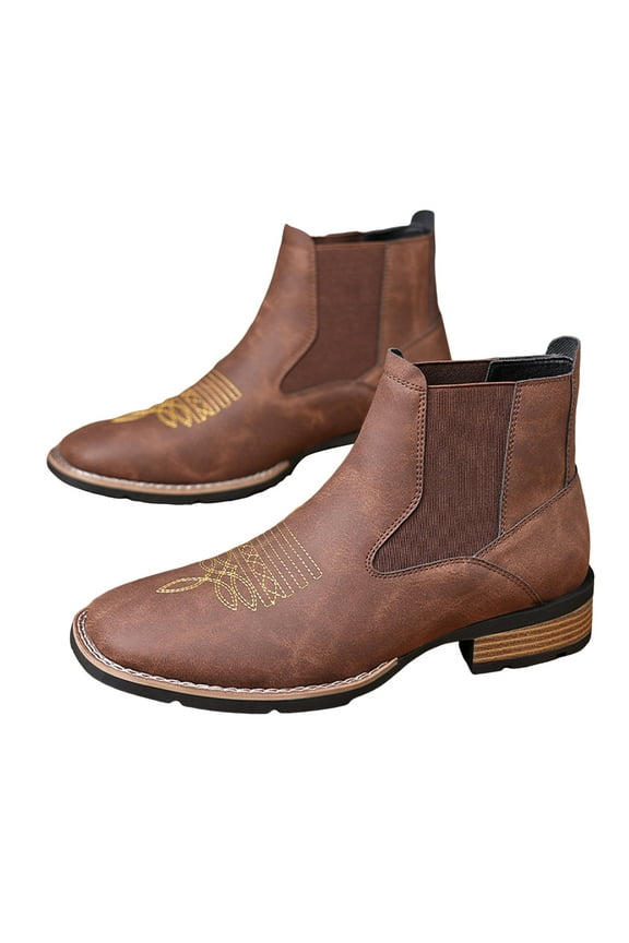Western Cowboy Boots for Men Square Toe Chelsea Ankle Work Boots Retro Comfort Fall Booties Slip on Casual Dress Shoes Brown 9