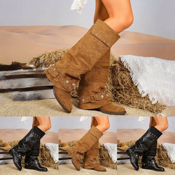 Pandaie Western Cowboy Boots for Women Pointed Toe Peal Knee High Foldover Tall Cowgirl Studded Booties Size 6.5‑9.5