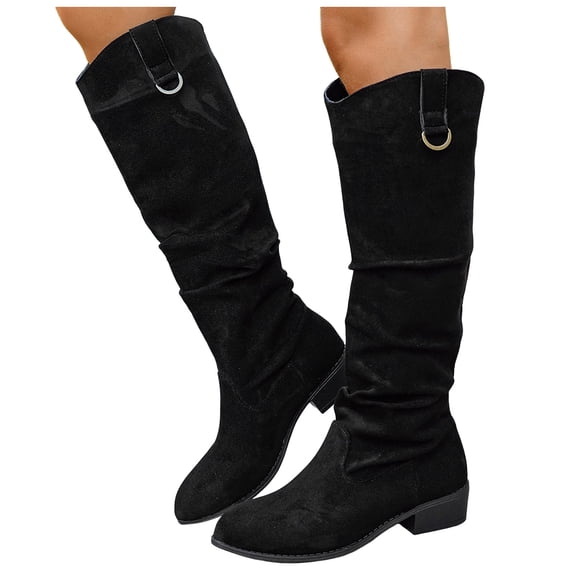 Pandaie Western Cowboy Boots for Women Wide Calf Cowgirl Knee High Boots Suede Chunky Low Heel Pull on Slouchy Riding Booties Black 9