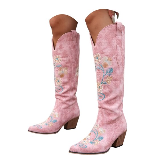 Pandaie Western Embroidered Knee High Boots for Women Suede Pointed Toe Block Heels Cowboy Retro Tall Booties Size 5.5‑10.27