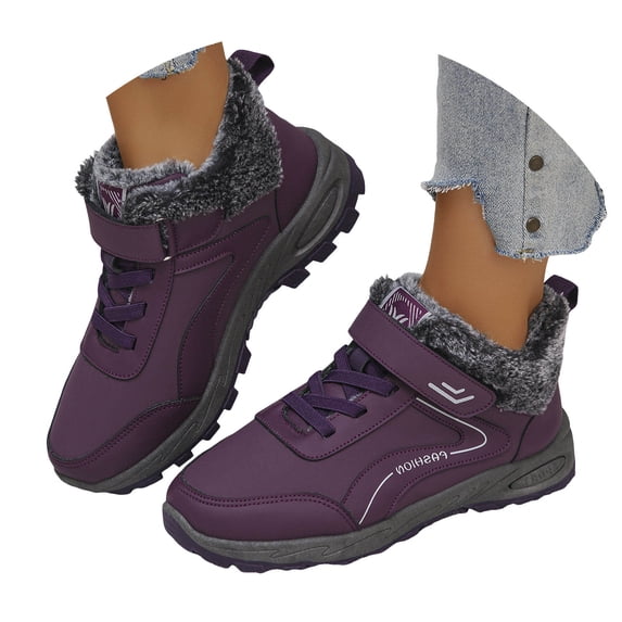 Pandaie Winter Ankle Boots for Women Slip on Fleece Lined Warm Snow Boot Non Slip Comfortable Short Booties Womens Outdoor Cold Weather Work Walking Shoes Dark Purple 7