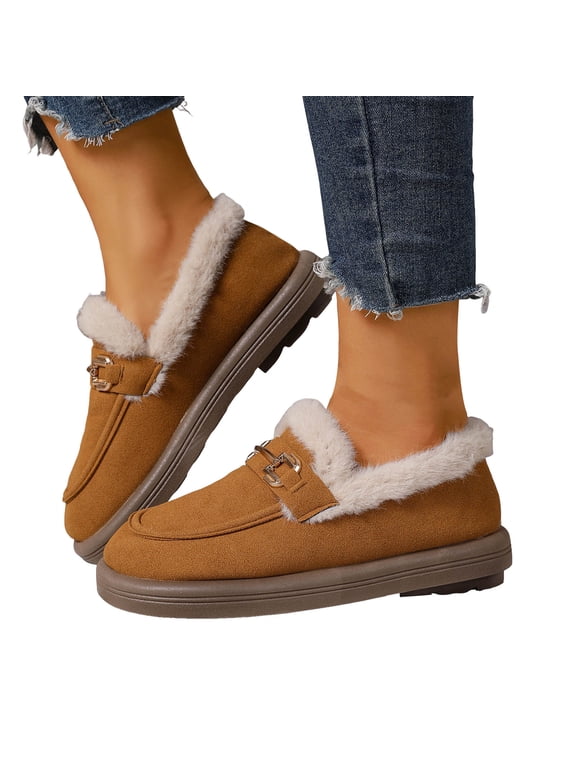 Winter Boots for Women 2025 Memory Foam Slip on Penny Loafers Fleece Lined Snow Ankle Booties Office Business Casual Work Moccasin Shoes Khaki 6.5