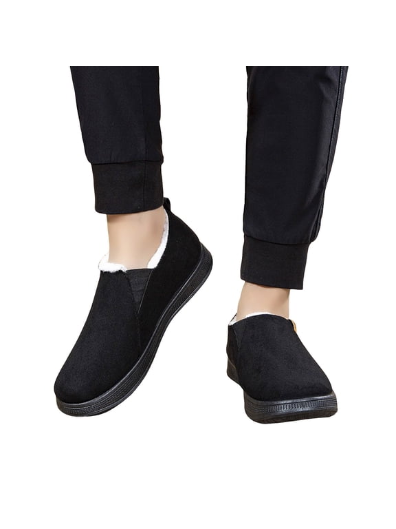 Winter Boots for Men Suede Slip on Snow Booties Fleece Lined House Shoes Casual Loafers Indoor Outdoor Walking Moccasin Black 8.5